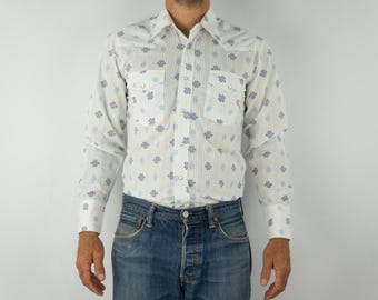 Travers Vintage Western Shirt 1980s | White Geometric Cowboy Shirt | Pearl Snap | S