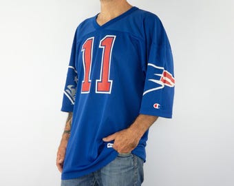 Camiseta vintage Champion de la NFL de los años 90 / Patriots #11 Azul Bledsoe / Hecha en EE. UU. / XL
