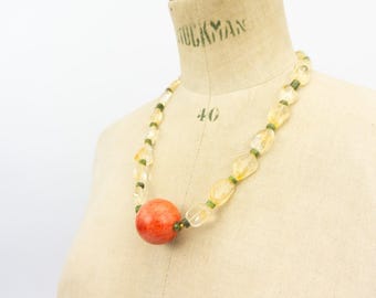 Vintage Smoky Quartz Necklace 1980s | Orange Stone Bead Choker Pendant | Boho Jewelry