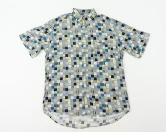Vintage Print Shirt 1990s | Multicolor Geometric Check, Loose Fit Casual | Rockabilly Retro | M