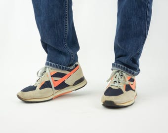 Vintage Nike Waffle City Street Sneakers 1991 | Beige Suede, Navy Nylon | Orange Swoosh | US11