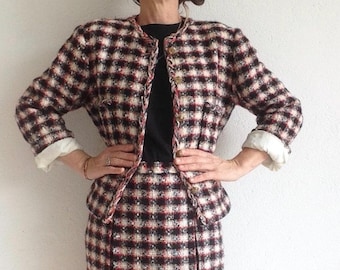 Vintage Tweed Suit Set 1960s | Plaid Wool Jacket & Pencil Skirt | France | M