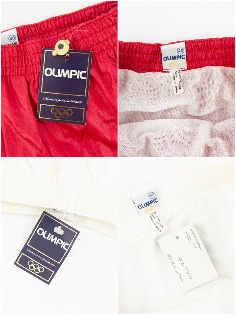May include: Red and white athletic shorts with a blue tag that says "OLIMPIC" and features the Olympic rings. The tag says "Alumea tan peve ha restule hante".