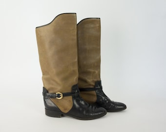 Vintage Pollini Leather Riding Boots 1990s | Tan & Black  Retro Equestrian Style | Italy | US6 UK4