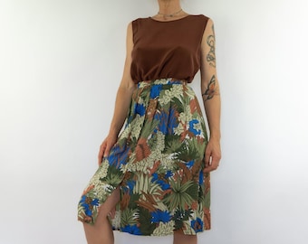 Vintage Floral Skirt 1980s | Tropical Multicolor Summer Skirt | Buttoned | High Waist | France | XS