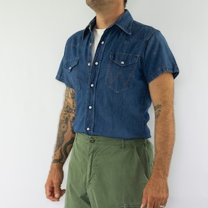 Wrangler | Vintage Western Shirt | 1980s | Denim | Pearl Snap Buttons | Blue Cowboy Shirt | Rodeo | Western Wear | Rockabilly | Size S/M