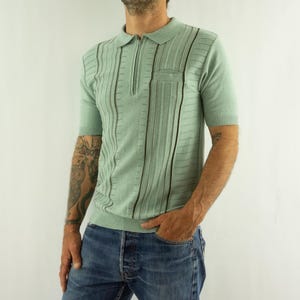 Vintage Knit Polo 1970s | Mint Green Textured Zip Polo Shirt | M