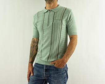 Vintage Knit Polo 1970s | Mint Green Textured Zip Polo Shirt | M