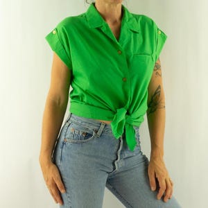Lady Berkleigh | Vintage 1980s Sleeveless Blouse | Bright Green Cotton | Buttoned Cuffs | Casual Chic Retro Style | Loose Fit | Size M