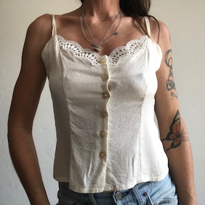 Givenchy Vintage Lace Top 1980s | Shiny Cream Striped Sleeveless Blouse | Buttoned Negligee with Straps | Made in France | Size S