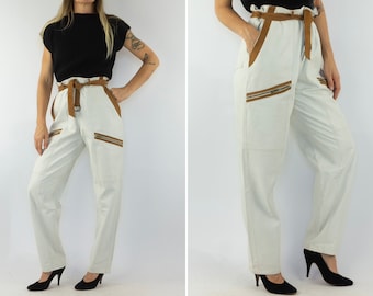 Vintage Leather Pants | 1980s | High Waisted Pants | White/Brown Leather | Mom Pants | Tapered Pants | Classic 80s Look | Size XL