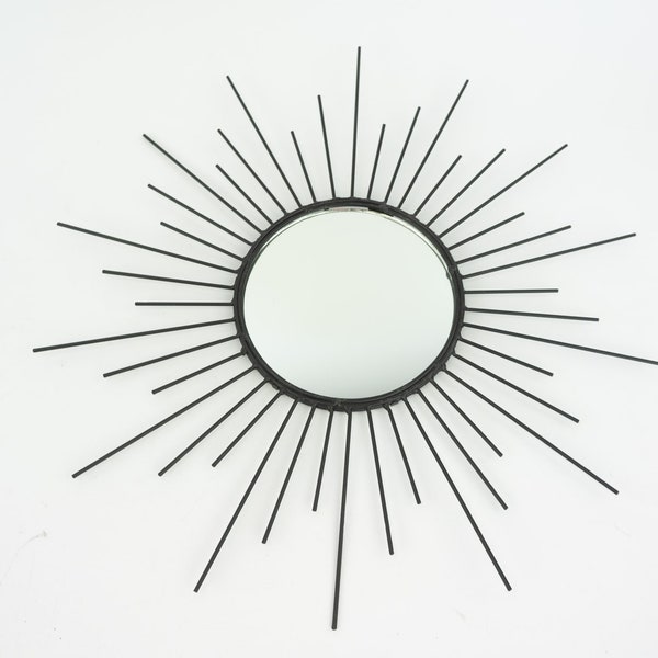 Miroir Soleil Vintage | 1960s | Miroir Oeil de Sorcière | Miroir Mural Rond | Métal Noir | Cabinet de Curiosité | Made in France