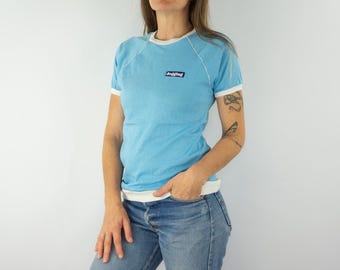 Vintage Jogging Track Jersey 1970s | Blue White Sport T-Shirt, Elastic Hem | France | S