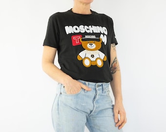 Vintage Moschino Teddy Bear T-Shirt 1990s | Black Tee, Terry Cloth Logo Patch | M