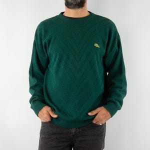Lacoste | Vintage Cotton Knit Sweater | 1980s | Pullover with Geometric Pattern | Green Jumper | 80s Fashion | Made in France | Size XL