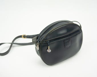 Céline Triomphe Vintage Leather Handbag 1980s | Small Blue Round Crossbody | Saddle Purse | Italy