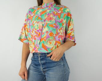 Vintage Abstract Blouse 1980s | Colorful Shirt, High Collar & Back Buttons | Retro Look | M
