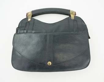 Vintage 1970er Jahre Schwarze Leder Handtasche | Mod französische Top Henkel Tasche | Frankreich