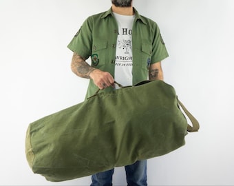 Vintage Military Surplus Army Green Duffel Bag, Cotton Canvas