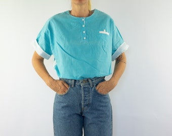 Striped Vintage Blouse 1980s | Blue White Oversized Shirt | Short Sleeves Hem | Crew Neck | Button | L