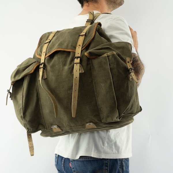 L Besson | Vintage Military Backpack | 1960s | Hiking Rucksack | Heavy Kaki Canvas/Leather | Nice Patina | Mountain Bag | Made in France