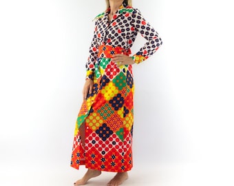 Vintage Lanvin Maxi Kleid 1970s | Buntes OpArt Psychedelic Kleid | Retro Space Age | Frankreich | S
