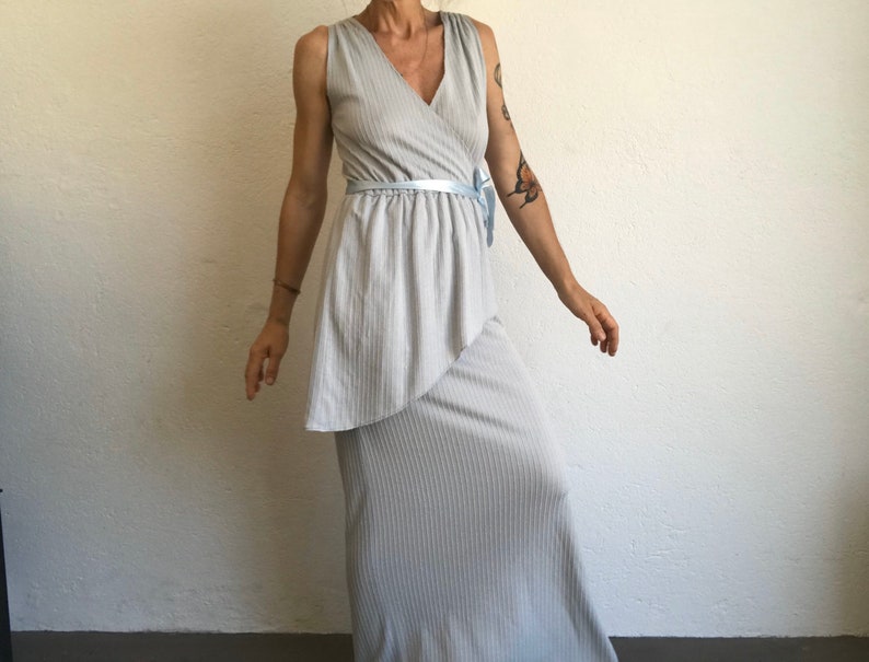 Vintage Evening Dress Maxi Dress 1980s Striped Infinity Dress Light Blue/White Ruffle Dress Made in France Size S image 4