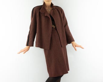 Vintage Tweed Skirt Suit 1980s | Striped Wool Set, Jacket & Pencil Skirt | France | S/M