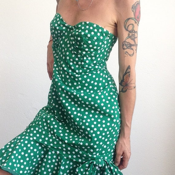 Vintage Ted Lapidus Dress 1980s | Green Polka Dot Bustier | Ruffled Hem |  France | XL - Etsy Norway