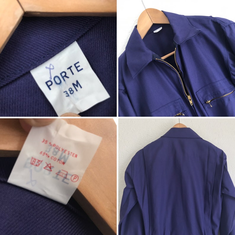 Pu&ograve; includere: Una tuta da lavoro blu navy con chiusura a zip e due tasche. La tuta ha un'etichetta che recita "PORTE 38M" e un'altra etichetta che recita "65% COTONE 35% POLIESTERE".