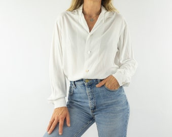 Yohji Yamamoto | Vintage Women's Shirt | 1990s | White Blouse | 100% Rayon | Japanese Style | Long Sleeves | Made in France | Size M
