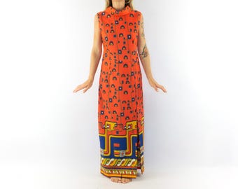 Vintage Maxi Kleid 1970er Jahre | Orange Psychedelic Abend | Rollkragen Ärmellos | Retro | Frankreich | M