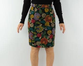 Vintage Floral Pencil Skirt 1980s | High Waist Black Cotton, Colorful Print | France | L