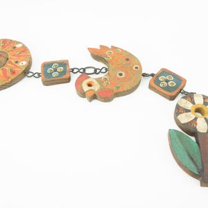 Vintage 1970s Wall Hanging | Hand Painted Carved Wood Mobile | Sun Flower Bird Design | Naive Folk Art Hippie Wall Decor | Made in Spain