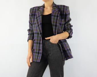 Vintage Caroline Rohmer Wool Blazer 1980s | Checked Wool Jacket | Double Breasted Sport Coat | M