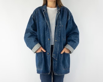 Jaqueta jeans vintage fechada dos anos 80 | Casaco longo azul oversized estilo streetwear | Itália | Tamanhos G e GG