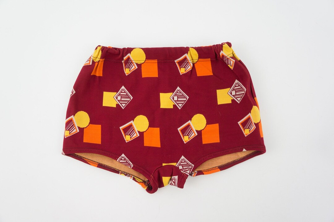 Vintage Mens Swimwear 1950s Geometric Pattern Swim Brief Red/yellow