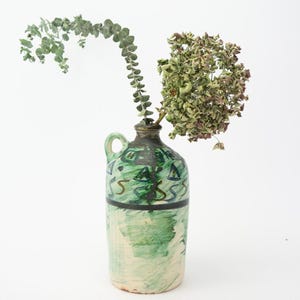 Vintage Ceramic Vase 1960s | Bottle Soliflore | Stoneware Terracotta Pottery | Glazed Beige Green | Mid Century Vase | Made in France