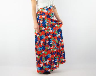 Falda maxi vintage de corte A, años 70, con estampado geométrico de rompecabezas colorido, talla S/M
