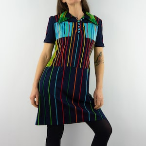 Vintage Retro Dress | 1970s | A-line Dress with Geometric Pattern | Blue/Multicolor | Twiggy/Mod | Short Sleeves | Made in France | Size M