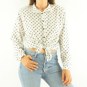 Vintage Polka Dot Blouse 1980/90s | White Button-Up Shirt with Black Dots | Long Sleeves | Classic Collar | Retro Chic Oversize | Size M/L