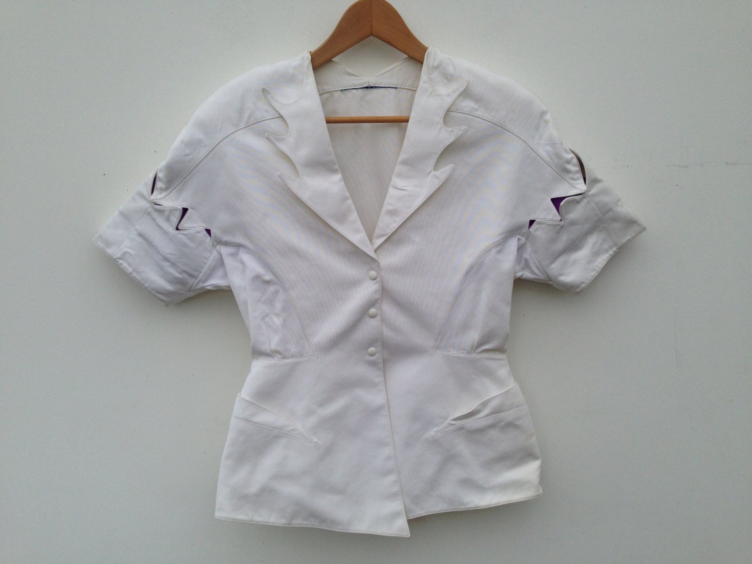 Thierry Mugler Veste Peplum Vintage 1980s Veste en Coton Blanc Violet Zig Zag Veste a Manches Courtes Extravagant Taille M Etsy Mexico