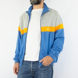 Adidas Veste de Sport Vintage 1980s | Blouson Bleu Gris Jaune | 3 Bandes Logo Trèfle | Style Rétro Sport | Made in Spain | Taille M