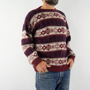 Vintage Jacquard Sweater | 1980s | Grunge Pullover | Cabincore Knit Sweater | Round Collar | Purple/Blue/White | Grandpa Sweater | Size M/L