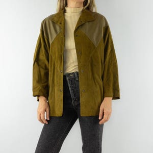 Camisa vintage de gamuza con parches, años 80 / Chaqueta fina de cuero, mangas murciélago / Francia / M