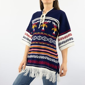 Vintage Striped  Knit Tunic 1970s | Navy Thunderbird Pattern,  Fringed | S/M