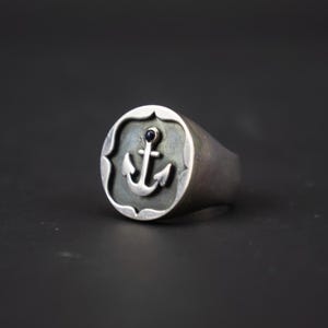 Anchor Signet Ring | Sterling Silver 925/000 Sapphire | Solid Handmade Men&#39;s Jewelry | Varsity Old School Style | Made in France | US 9 1/2