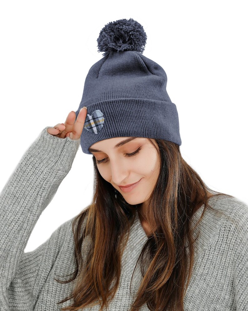 Embroidered Hat Pom Pom Beanie Blue Plaid Heart Appliqu\u00e9 Heather Blue Embroidered Beanie Heart Gifts Love Gifts
