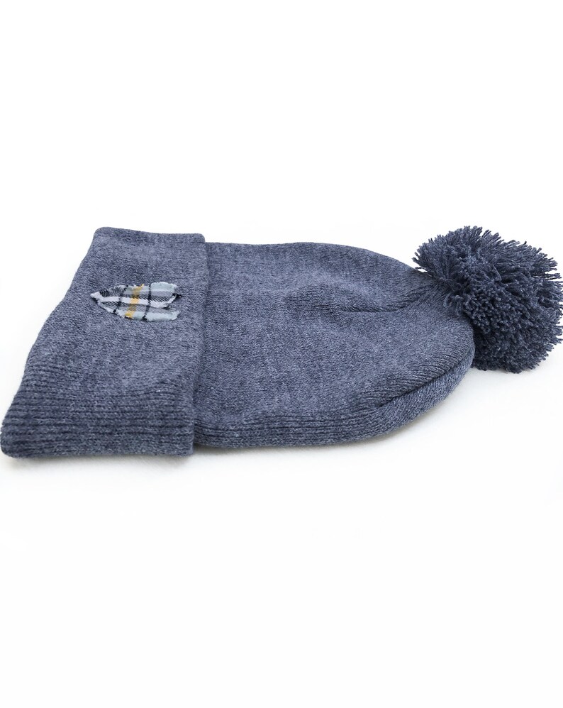 Embroidered Hat Pom Pom Beanie Blue Plaid Heart Appliqu\u00e9 Heather Blue Embroidered Beanie Heart Gifts Love Gifts