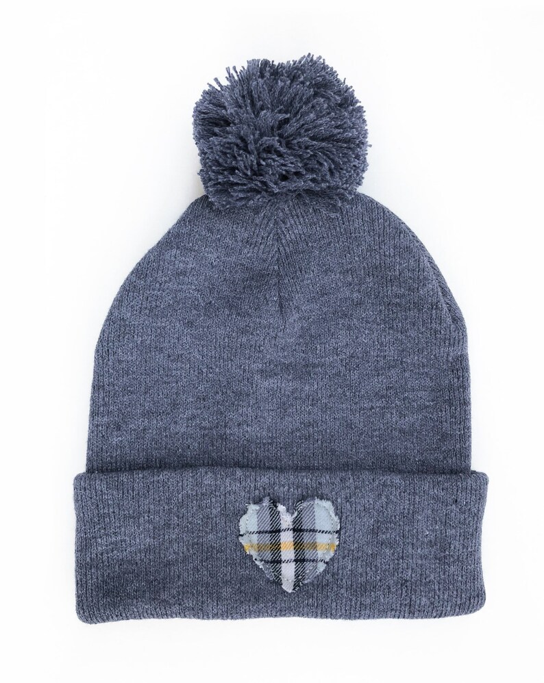 Embroidered Hat Pom Pom Beanie Blue Plaid Heart Appliqu\u00e9 Heather Blue Embroidered Beanie Heart Gifts Love Gifts